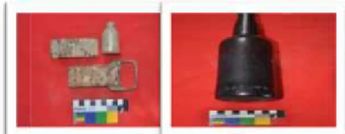 Foto 5. Pecahan besi kanan (kiri atas), botol kaca (kanan atas) dan pecahan keramik (bawah)
