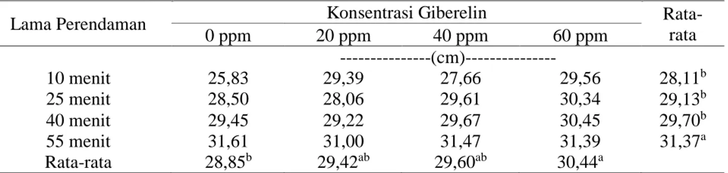 Tabel 3. Tinggi Bibit Salak (Salacca edulis Reinw) pada Berbagai Konsentrasi Giberelin dan Lama  Perendaman pada Umur 12 MST  