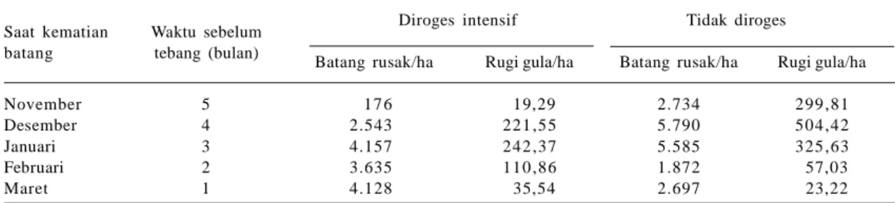 Tabel  4.  Perbandingan  kerusakan  dan  kerugian  produksi  gula  yang  diroges  dan  yang  tidak  diroges  pada varietas PS41 di area PG Gempol, Cirebon.
