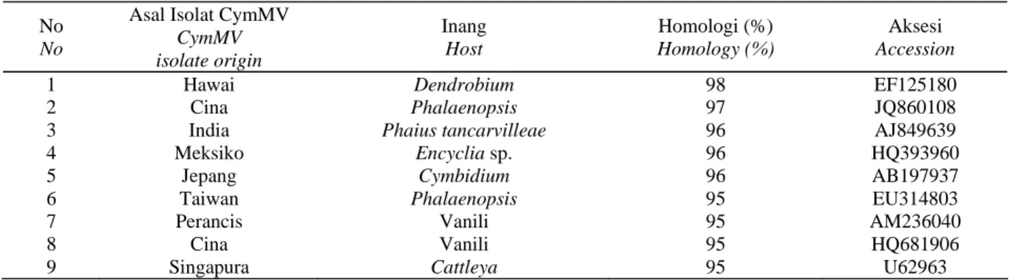 Tabel 5.  Hasil BLAST sekuen nukleotida isolat CymMV asal KP Manoko  