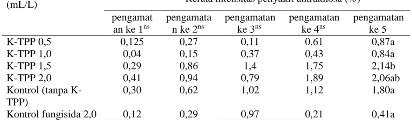 Tabel  2.  Pengaruh  K-TPP  terhadap  intensitas  serangan  penyakit  antraknosa  (C.  gloeosporioides) pada tanaman cabai  
