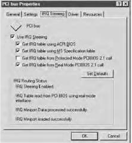 Figure 1-4. The IRQ Steering page of the PCI bus Properties dialog allows you to enable ordisable Windows 98 IRQ Steering, configure it, and view its current status