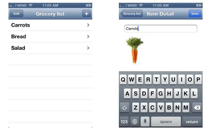 Figure 2—Two views of the Grocery application. The first view shows a list of items, andthe second shows a detailed view of a single item.