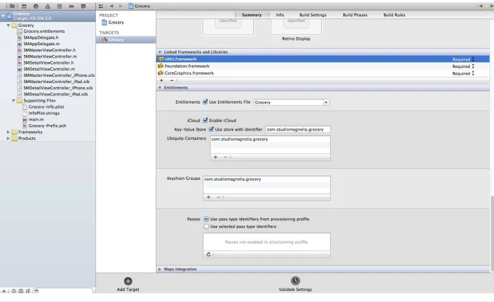 Figure 7—Configuring a project for iCloud.  Here we define the application’s entitlementto use iCloud.