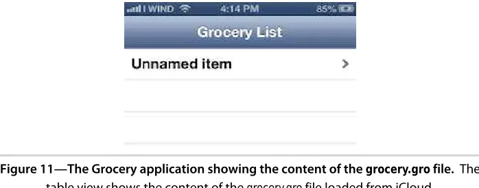 Figure 11—The Grocery application showing the content of the grocery.gro file.  Thetable view shows the content of the grocery.gro file loaded from iCloud.