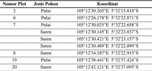 Tabel 7.  Titik  koordinat  pohon  dewasa  di  blok  koleksi  tumbuhan  Tahura  Wan  Abdul Rachman