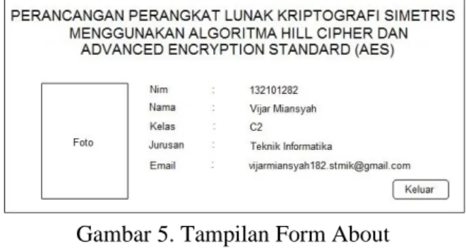 Gambar 5. Tampilan Form About  3.2 Proses Enkripsi 