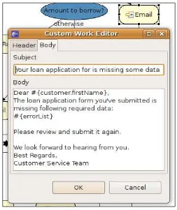 Figure 3: Custom e-mail work item editor (editing the loanApproval.bpmn file)