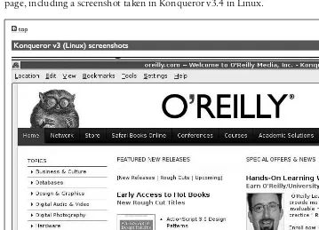 Figure 1-2 displays the results of running the validator against the O’Reilly main webpage, including a screenshot taken in Konqueror v3.4 in Linux.