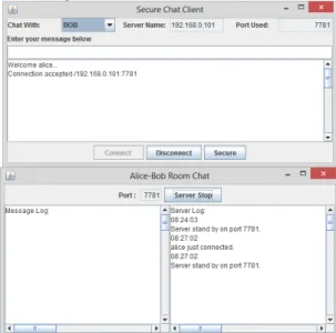 Gambar 8. Tampilan Secure Chat Client dan Server Chat Room 