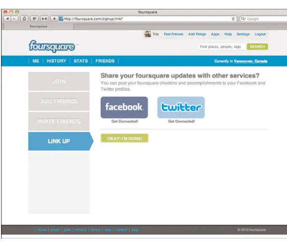 FIGURE 2.3Connecting Facebook and Twitter to your Foursquare account.