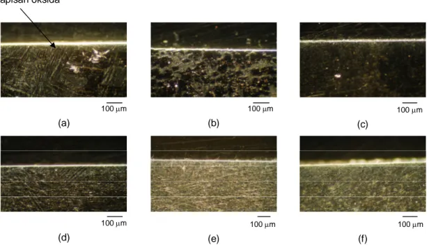 Gambar 4.     Mikrograf lapisan oksida logam paduan Zirlo-Mo dengan 1,0% berat Fe pasca uji   korosi dalam media uap air jenuh pada temperatur 300 C selama 24 jam