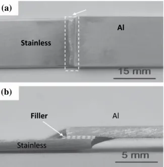 Gambar 1 hasil foto makro proses brazing antara Al dengan Stainless menggunakan  filler Zn-15Al (a) Daerah las (b) Daerah penampang 