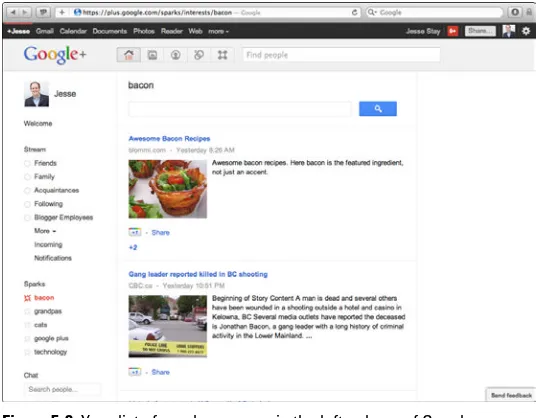 Figure 5-2: Your list of sparks appears in the left column of Google+.