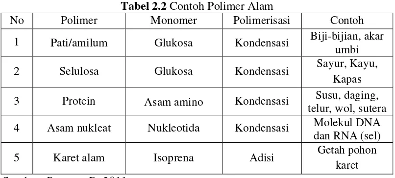 Tabel 2.2 Contoh Polimer Alam 