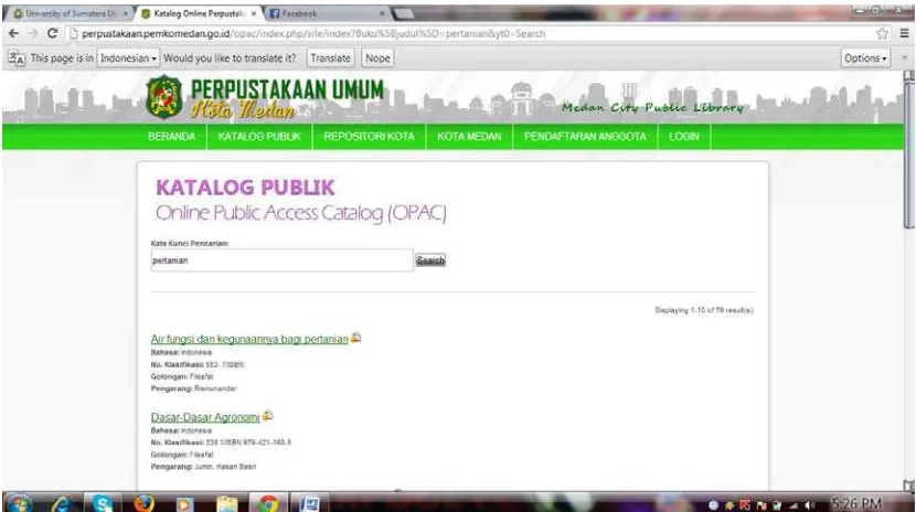 Gambar : Online Public Access katalog (OPAC) Perpustakaan Umum Kota Medan 