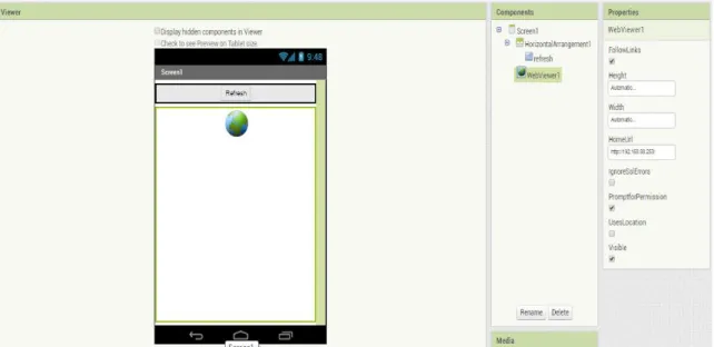 Gambar 9 Tampilan pembuatan aplikasi monitoring melalui app inventor  dengan layar design pada komputer personal 
