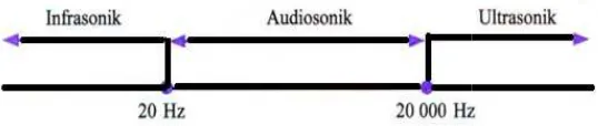 Gambar 2.1 Jangkaun frekuensi audiosonik, ultrasonik (Mikrajuddin Abdullah, 2016 :k, infrasonik, dan 6 : 434)