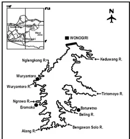 Figure 1. Gajah Mungkur Reservoir map, showing the location of sampling sites.