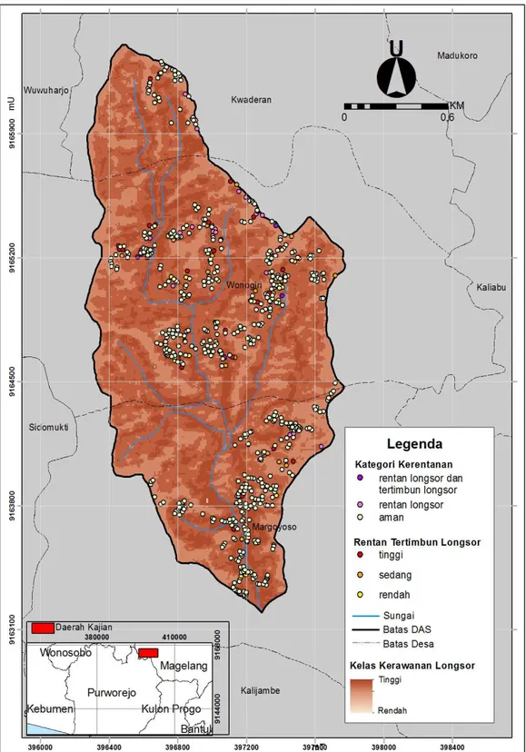 Gambar 11 Peta Persebaran Rumah Kategori Aman dan Kategori Rentan Overlay dengan Peta  Kerawanan Longsor (Masruroh, 2016)
