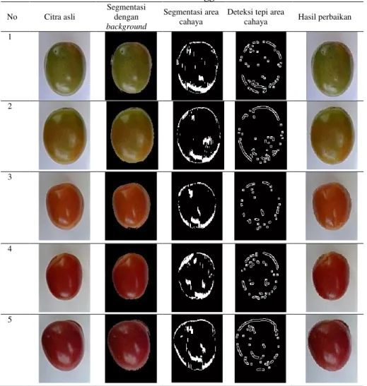 Tabel 4.  Hasil Perbaikan Citra Tomat Menggunakan Indeks Piksel  No  Citra asli  Segmentasi dengan  background Segmentasi area cahaya 