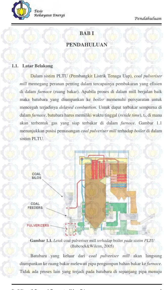 Gambar 1.1. Letak coal pulveriser mill terhadap boiler pada sistim PLTU (Babcock&amp;Wilcox, 2005)