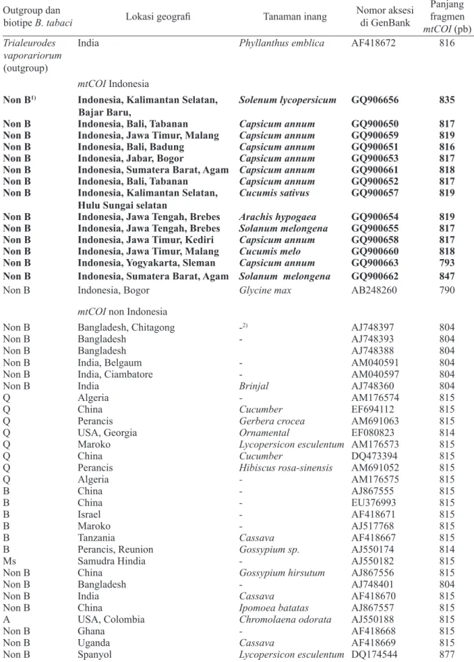 Tabel 1.  Daftar runutan nukleotida yang digunakan untuk pembuatan kladogram fragmen mtCOI Bemisia  tabaci asal Indonesia bagian barat dibandingkan dengan fragmen mtCOI dari beberapa wilayah di 