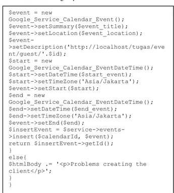 Gambar 8. Kutipan code yang digunakan untuk dapat  memanggil fungsi Google Calendar 