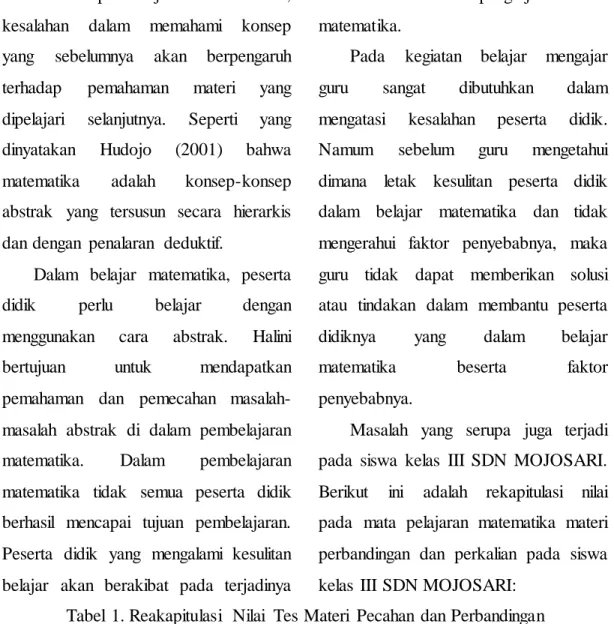 Tabel  1. Reakapitulasi  Nilai  Tes Materi  Pecahan  dan Perbandingan 