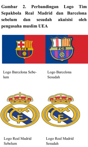 Gambar  2.  Perbandingan  Logo  Tim  Sepakbola  Real  Madrid  dan  Barcelona  sebelum  dan  sesudah  akuisisi  oleh  pengusaha muslim UEA 