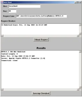 Figure 3–8Accessing the LotteryNumbers servlet results in a 304 (Not Modified) response with no actual document in one situation: when a conditional GET request is received that specifies a date at or after servlet initialization.