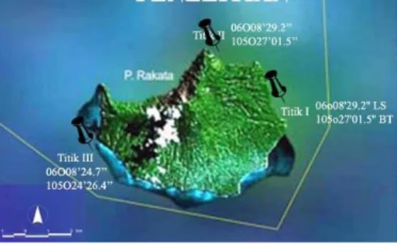 Gambar 1. Titik pengamatan kondisi terumbu karang di Pulau  Rakata. 