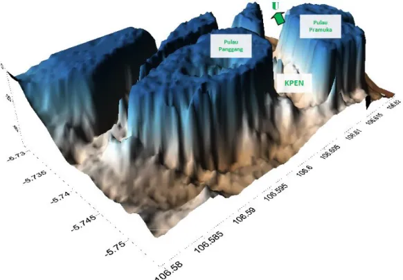 Gambar 5.   Tampilan 3 dimensi profil batimetri daerah penelitian  Punggung  terumbu  (reef  crest) 