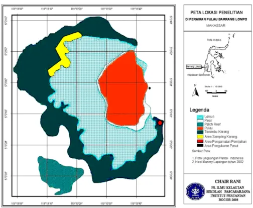 Gambar 1.  Lokasi penelitian dan daerah pengamatan in situ di terumbu karang Pulau Barranglompo,  Kepulauan Spermonde, Makassar