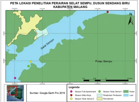 Gambar 1. Peta lokasi penelitian di perairan Selat Sempu Kabupaten Malang 