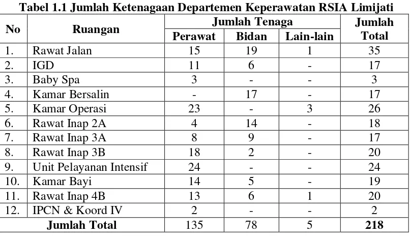 Tabel 1.1 Jumlah Ketenagaan Departemen Keperawatan RSIA Limijati 