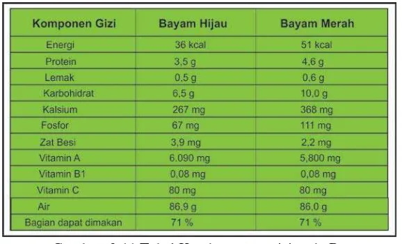 Gambar: 2.11 Tabel Kandungan nutrisi pada Bayam Sumber: Dokumen Pribadi berdasarkan data  Direktorat Gizi Departemen Kesehatan RI 1992 