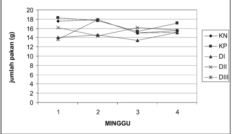Gambar 9. Rata-rata jumlah pakan tikus putih (x ± SD) pada kelompok kontrol negatif (KN),kelompok perlakuan dengan VCO dosis 50 cc/hari (DI), 25 cc/hari (DII), 12,5 cc/hari (DIII) dan kontrol positif (KP) tiap 7 hari sekali.