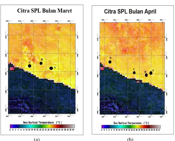 Gambar 2. (a) Citra SPL Maret, dan (b) Citra SPL April 2016. 