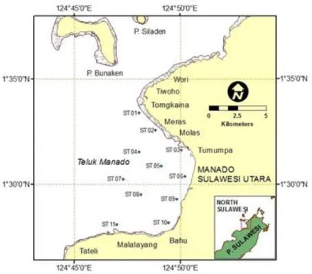 Gambar 1. Peta Stasiun Penelitian Oseanografi di Perairan Laut Teluk Manado. 