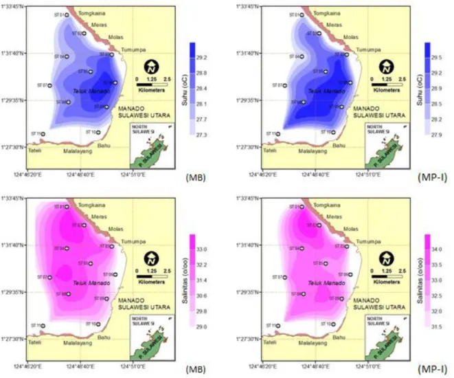 Gambar 2.  Sebaran suhu dan salinitas pada musim barat (MB) dan musim peralihan-I (MP-I)  di perairan Teluk Manado