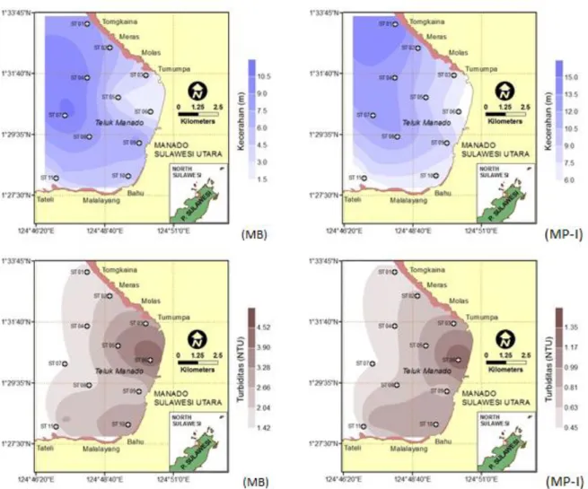 Gambar 3.  Sebaran  kecerahan  dan  kekeruhan  air  pada  musim  barat  (MB)  dan  musim  peralihan-I (MP-I) di perairan Teluk Manado