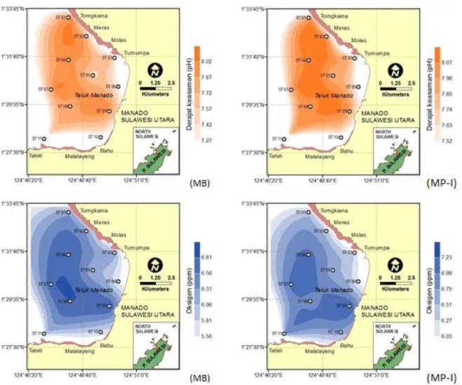 Gambar 4.  Sebaran pH dan oksigen terlarut pada musim barat (MB) dan musim peralihan-I  (MP-I) di perairan Teluk Manado