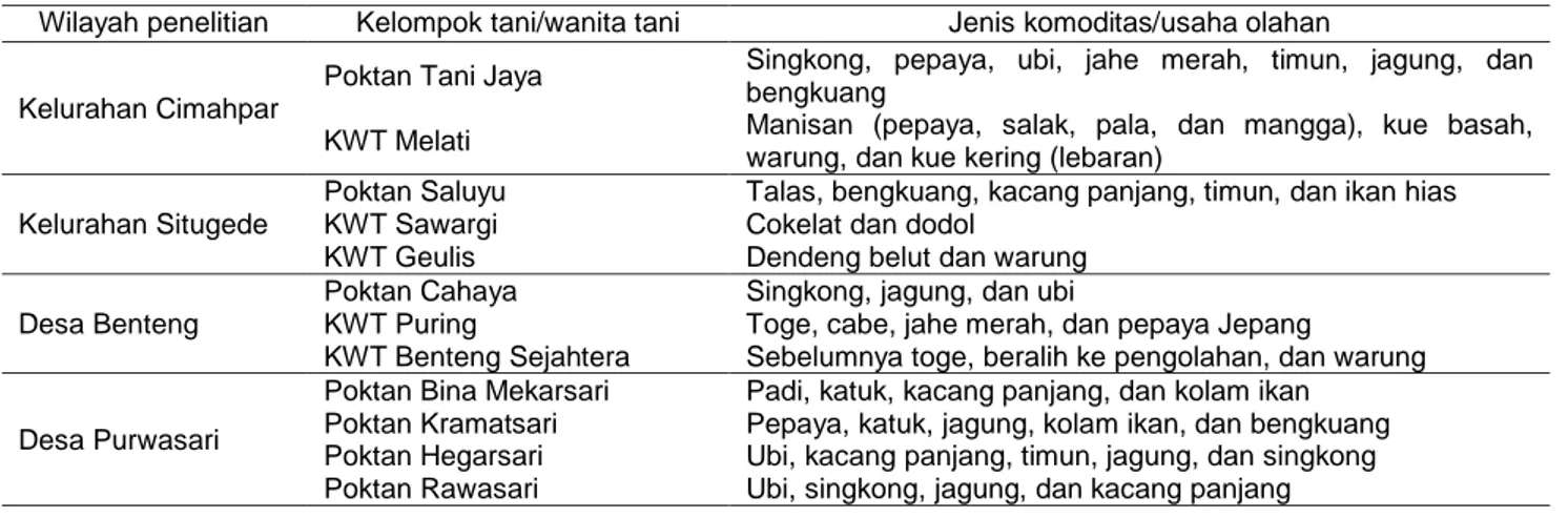 Tabel 1  Jenis  komoditas  dan  usaha  olahan  yang  dilakukan  oleh  kelompok  tani/wanita  tani  di  Kota  dan  Kabupaten  Bogor,  2017 