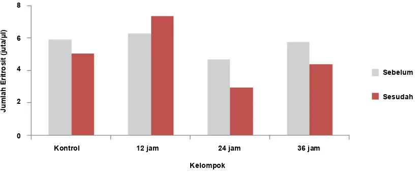 Gambar 2.Rerata Jumlah Eritrosit Tikus (Rattus norvegicus) Sebelum dan Sesudah Perlakuan Hipoksia Selama 0 jam, 12jam, 24 dan 36 jam