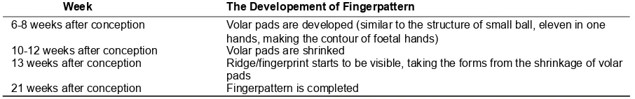 Table 3. The Development of Fingerpattern After Conception8