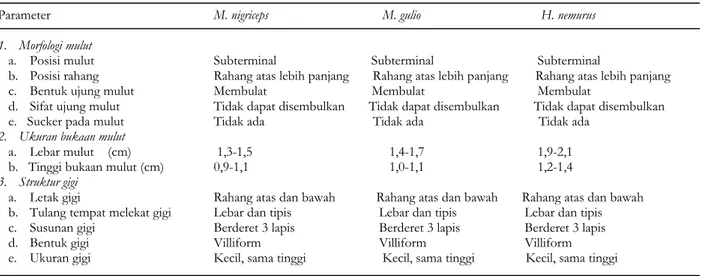 Tabel 2. Hasil pengamatan karakter mulut dan struktur gigi  