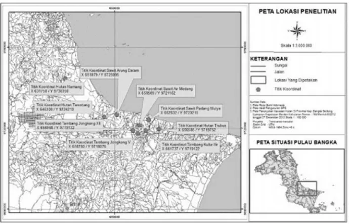 Gambar 1. Peta lokasi penelitian di Kabupaten Bangka Tengah, Provinsi Kepulauan Bangka Belitung
