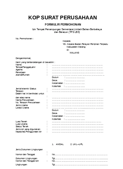 Formulir TPSB3 (Tempat Penyimpanan Sementara Limbah B3)