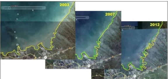 Gambar 1 : Perbandingan garis pantai Sayung Demak tahun 2003 dengan tahun 2007   dan 20012 (Google Earth, 2013) 